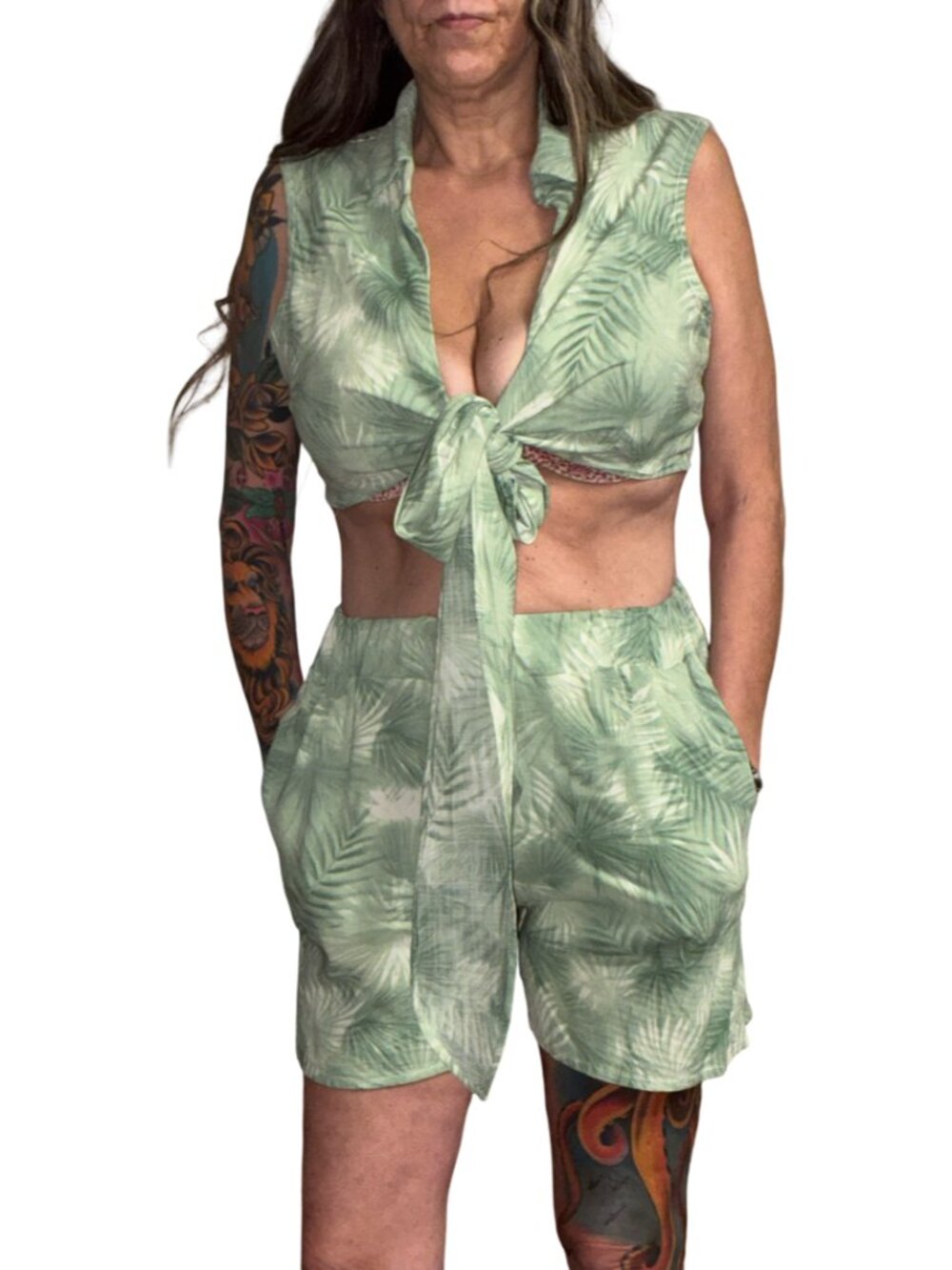Sz.L*Elsie*2 Pc. Green Jungle-Foliage Halter Top & Short Set